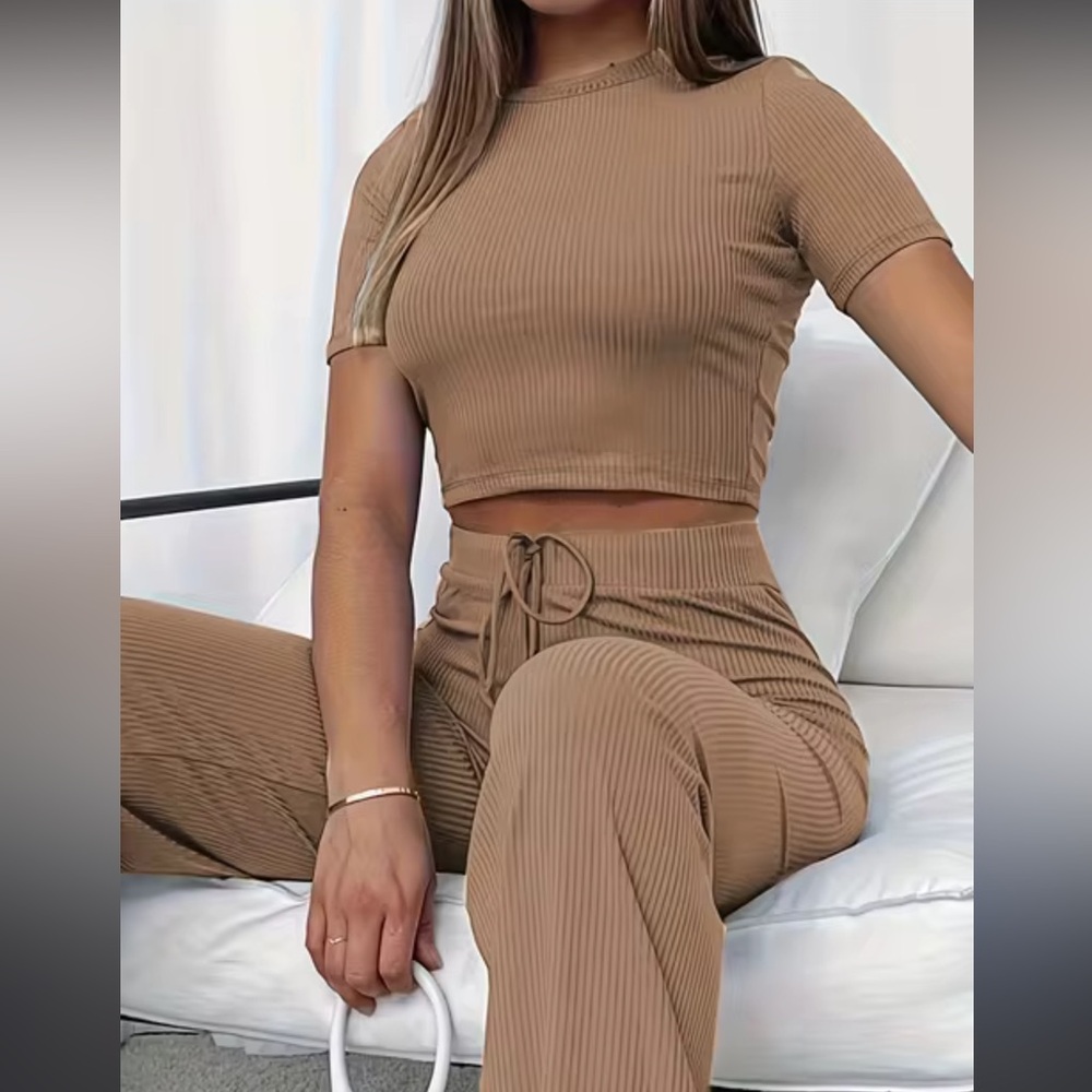 Heirloom Beige Ribbed Lounge Set, Comfortable & Stylish, Size S,